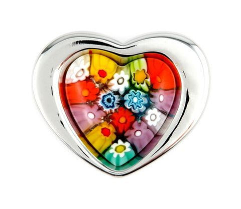 MURANO MILLEFIORI MULTICOLOR HEART RING WITH ELECTROFORM SILVER FRAME