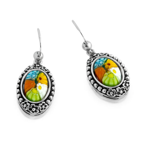 ★ MULTICOLOR MILLEFIORI OVAL EARRINGS WITH BEADED AND FLORAL DESIGN ACCENTS