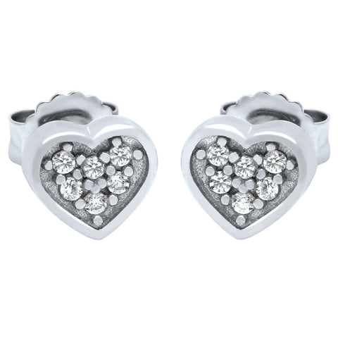 RHODIUM PLATED HEART SHAPED CZ CLUSTER STUD EARRINGS