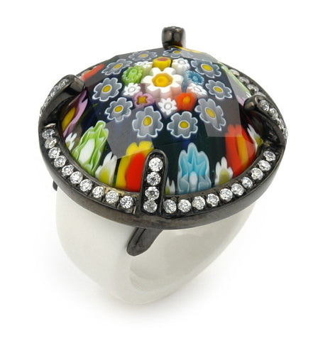 ★ EXQUISITE COLLECTION FACETED MLT MURANO GLASS BLACK RHODIUM RING WITH HIGH QUALITY CZ MICROSETTING