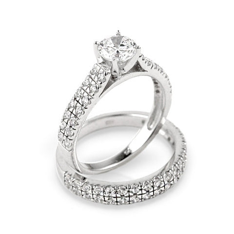 RHODIUM PLATED DOUBLE ROW CZ WEDDING SET