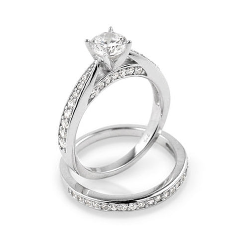 RHODIUM PLATED ROUND AND SIDE CZ WEDDING SET