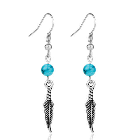 Feather and Blue Bead Earrings Free 3 day US Shipping!